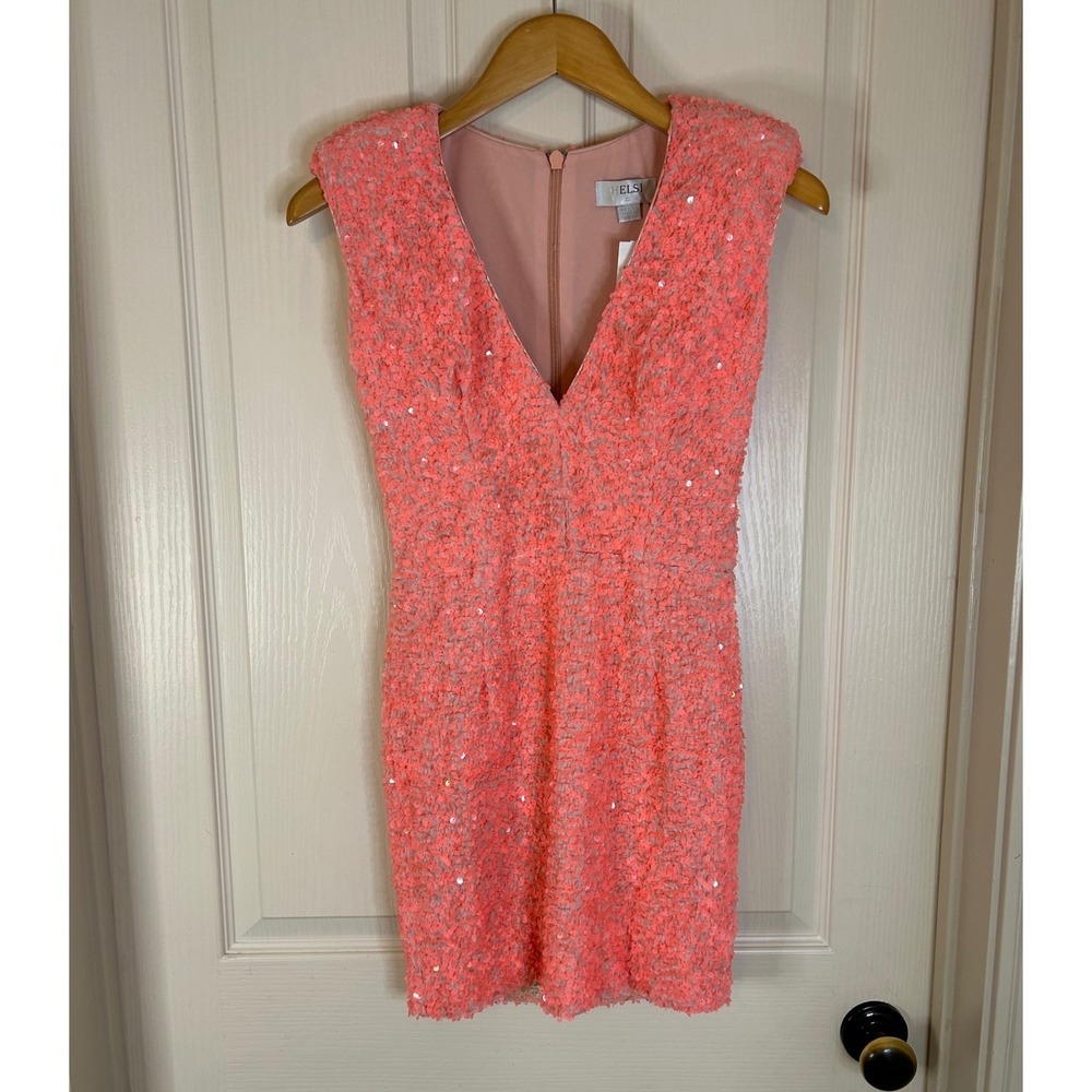 Helsi Jodi NWT Coral Sequin Mini Dress Sleeveless plunging Party Cocktail XS - Picture 4 of 11